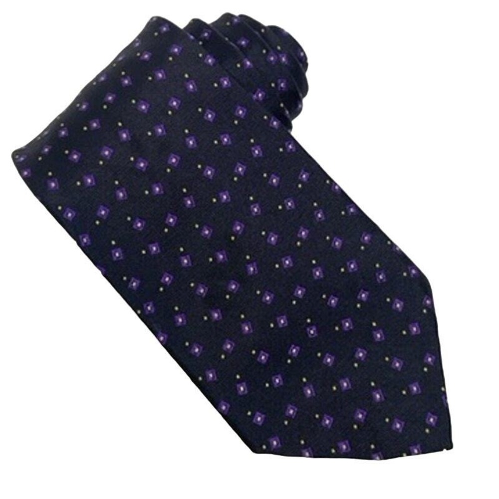 Lauren Ralph Lauren Necktie Silk‎ Black Purple Squares Print Hand Finished